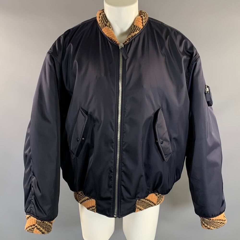 PRADA FW2021 Size S Navy Tan Knit Nylon Bomber Coat
